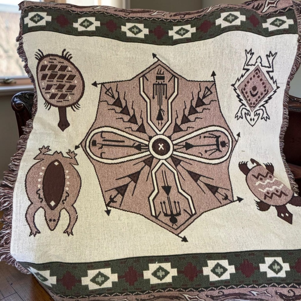Vintage Woven Tapestry Throw Southwest Turtle Frog Cream Brown Green Blanket